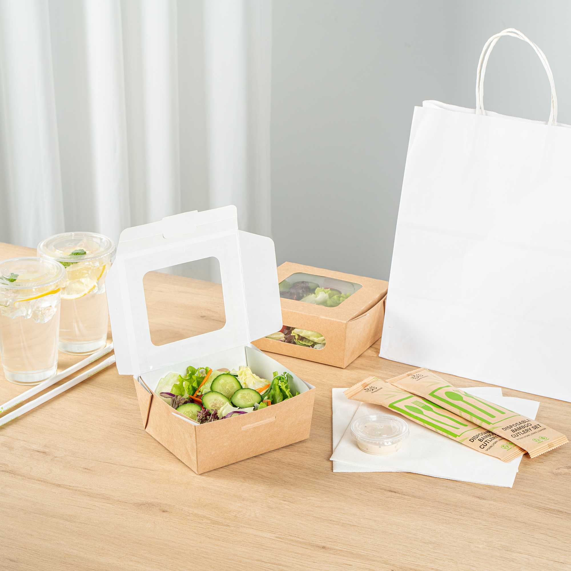 Cafe Vision 41 oz Rectangle Kraft Paper Large Bio Take Out Container - Two Windows - 5 1/4" x 6" x 2 1/2" - 50 count box