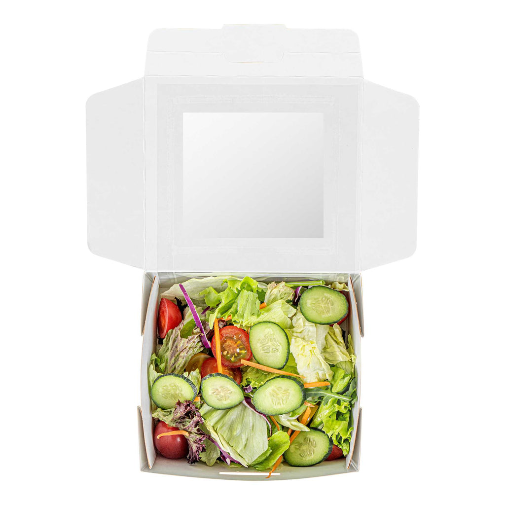 Cafe Vision 41 oz Rectangle Kraft Paper Large Bio Take Out Container - Two Windows - 5 1/4" x 6" x 2 1/2" - 200 count box