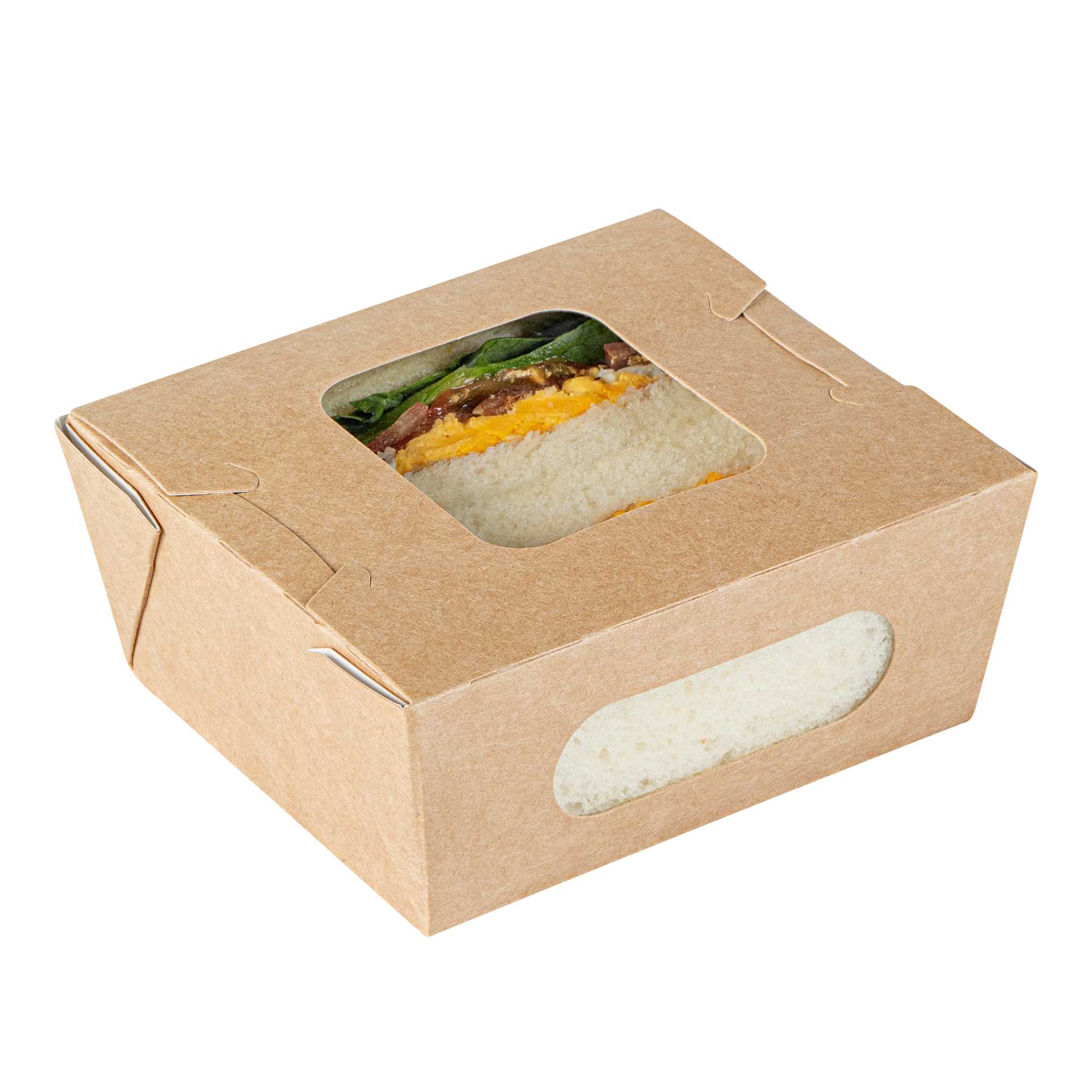 Cafe Vision 12 oz Rectangle Kraft Paper Mini Bio Take Out Container - Two Windows - 4 1/4" x 3 3/4" x 1 3/4" - 50 count box