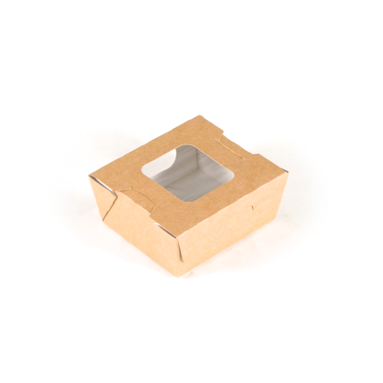 Cafe Vision 12 oz Rectangle Kraft Paper Mini Bio Take Out Container - Two Windows - 4 1/4" x 3 3/4" x 1 3/4" - 50 count box