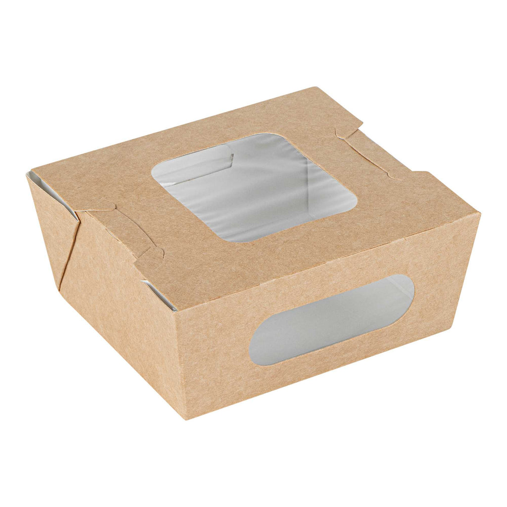 Cafe Vision 12 oz Rectangle Kraft Paper Mini Bio Take Out Container - Two Windows - 4 1/4" x 3 3/4" x 1 3/4" - 50 count box