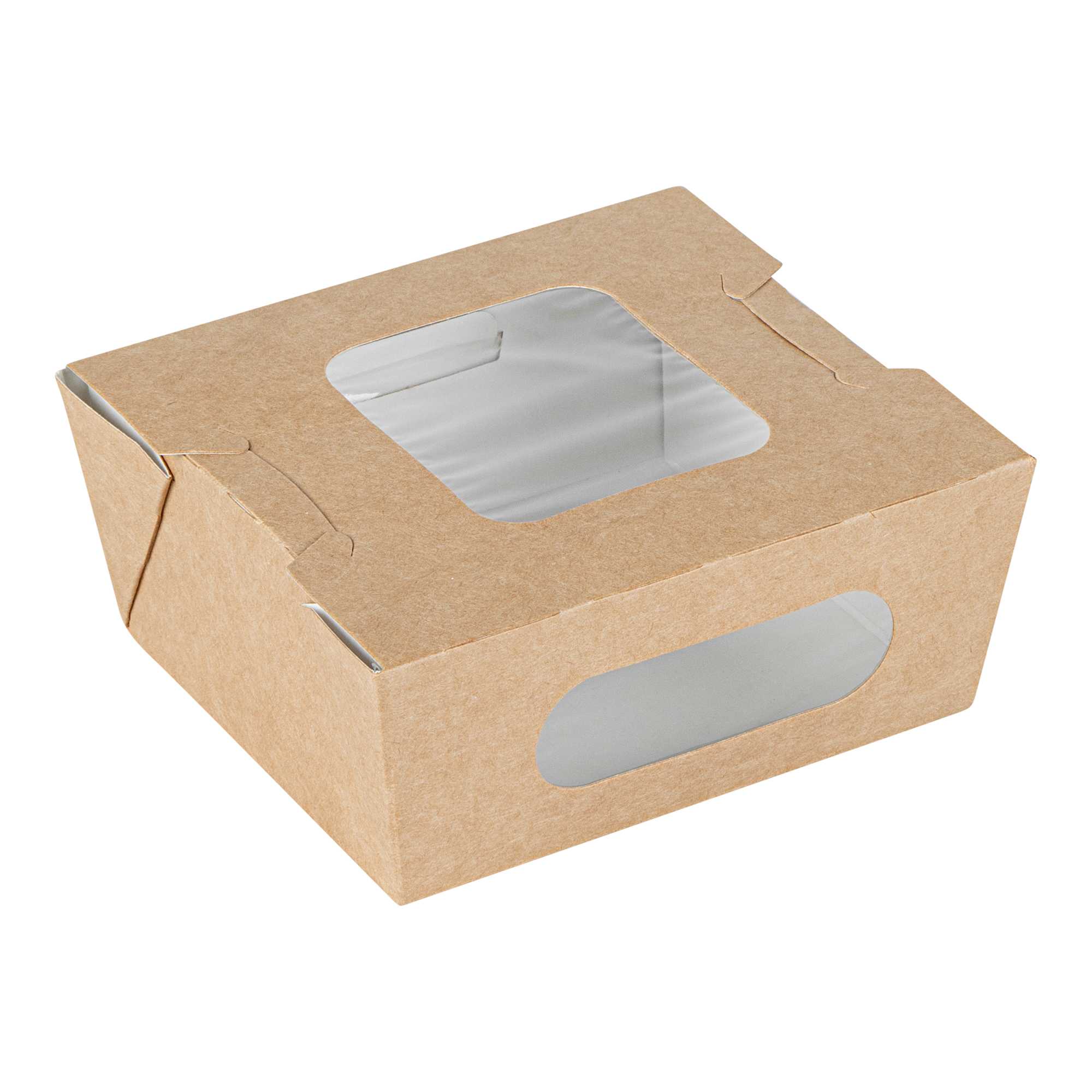 Cafe Vision 12 oz Rectangle Kraft Paper Mini Bio Take Out Container - Two Windows - 4 1/4" x 3 3/4" x 1 3/4" - 50 count box