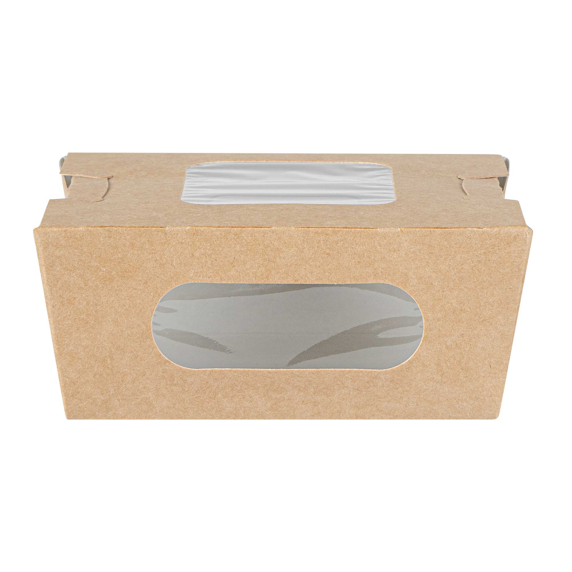 Cafe Vision 12 oz Rectangle Kraft Paper Mini Bio Take Out Container - Two Windows - 4 1/4" x 3 3/4" x 1 3/4" - 50 count box