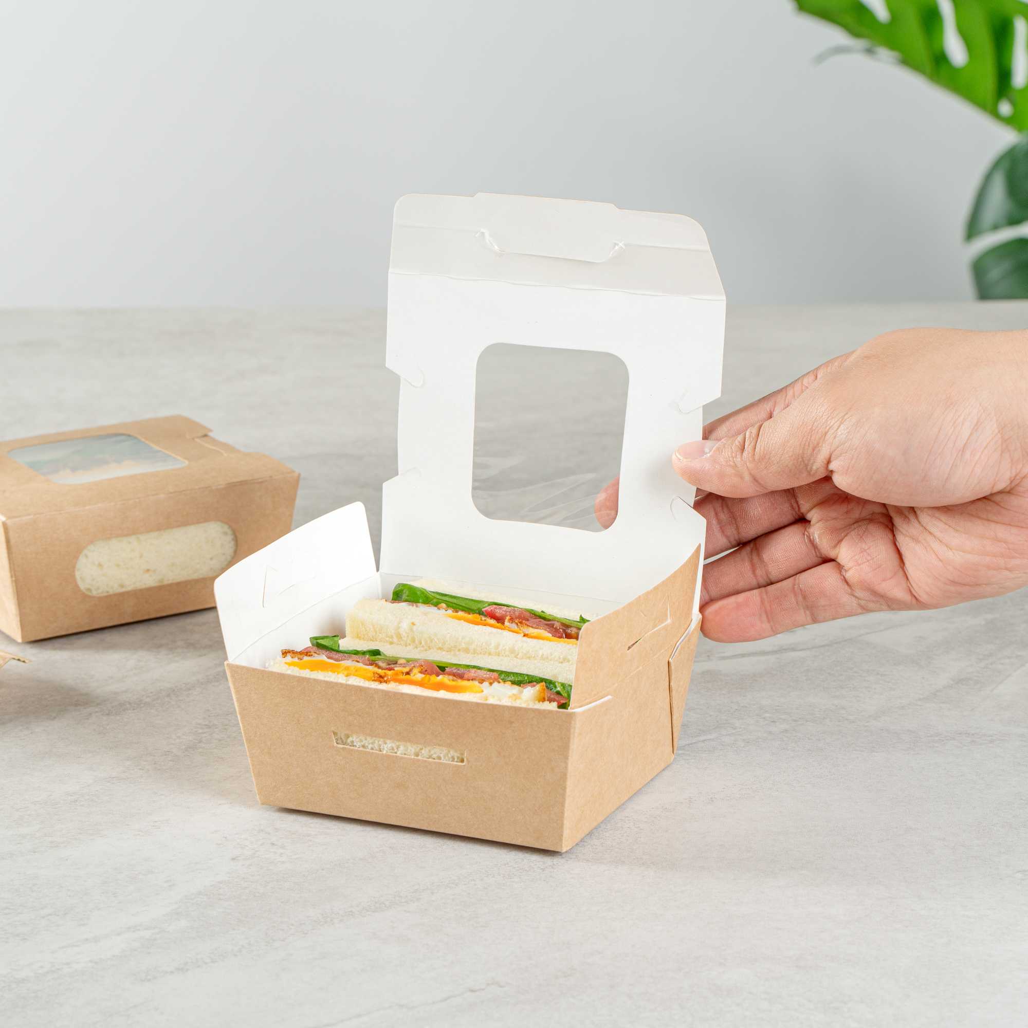 Cafe Vision 12 oz Rectangle Kraft Paper Mini Bio Take Out Container - Two Windows - 4 1/4" x 3 3/4" x 1 3/4" - 50 count box