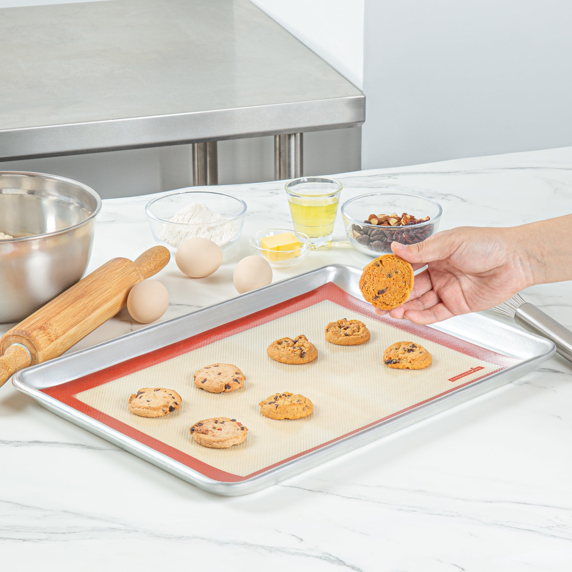 Pastry Tek Rectangle Tan and Red Silicone Half Size Baking Mat - Ultra Durable - 11 3/4" x 15 3/4" - 1 count box