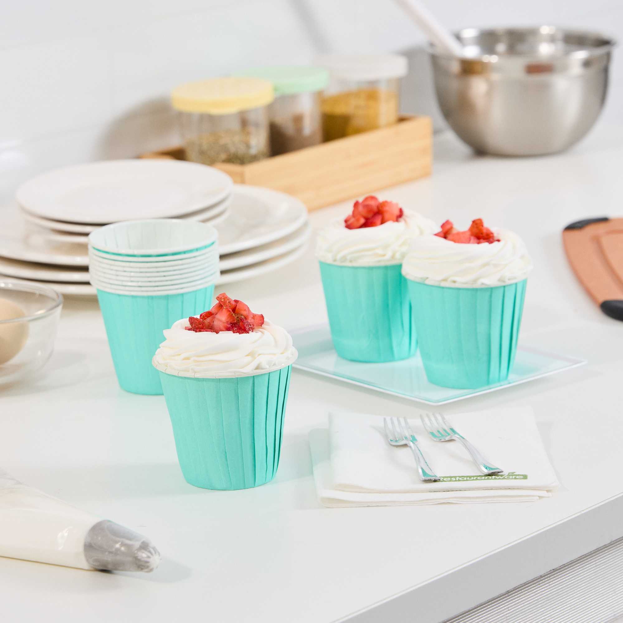 Panificio 4 oz Round Turquoise Paper Tall Baking Cup - Pleated - 3" x 3" x 2 3/4" - 200 count box