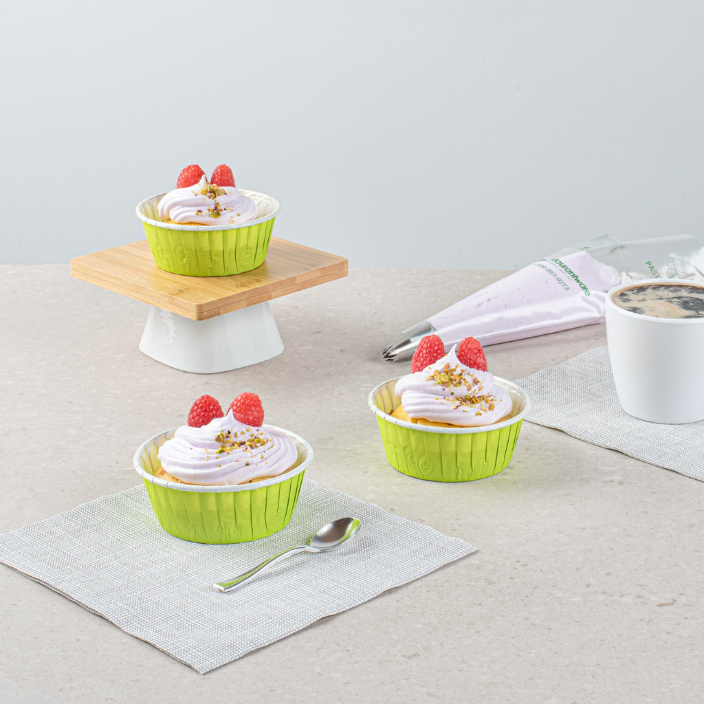 Panificio 5 oz Round Eco Green Paper Large Baking Cup - Pleated - 3 3/4" x 3 3/4" x 1 1/2" - 200 count box