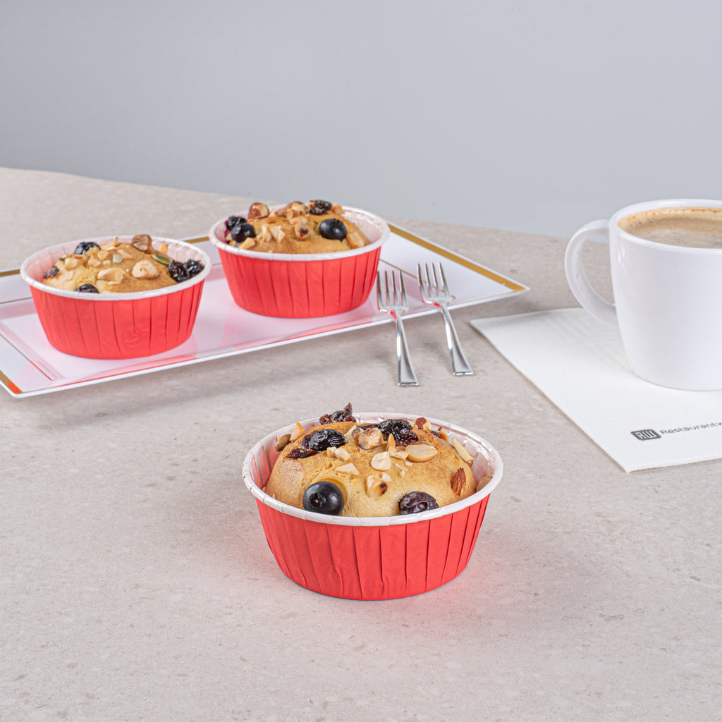 Panificio 5 oz Round Red Paper Large Baking Cup - Pleated - 3 3/4" x 3 3/4" x 1 1/2" - 200 count box
