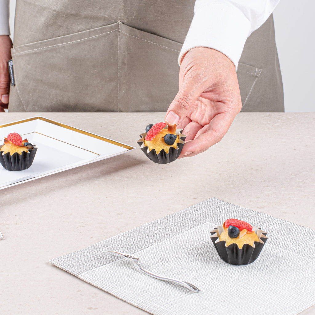 Panificio 0.4 oz Black Floral Paper Mini Baking Cup - Flared - 2" x 2" x 1/2" - 200 count box
