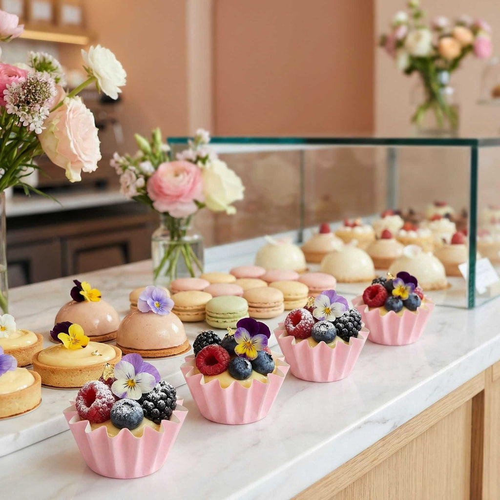 Panificio 0.4 oz Pink Floral Paper Mini Baking Cup - Flared - 2" x 2" x 1/2" - 200 count box