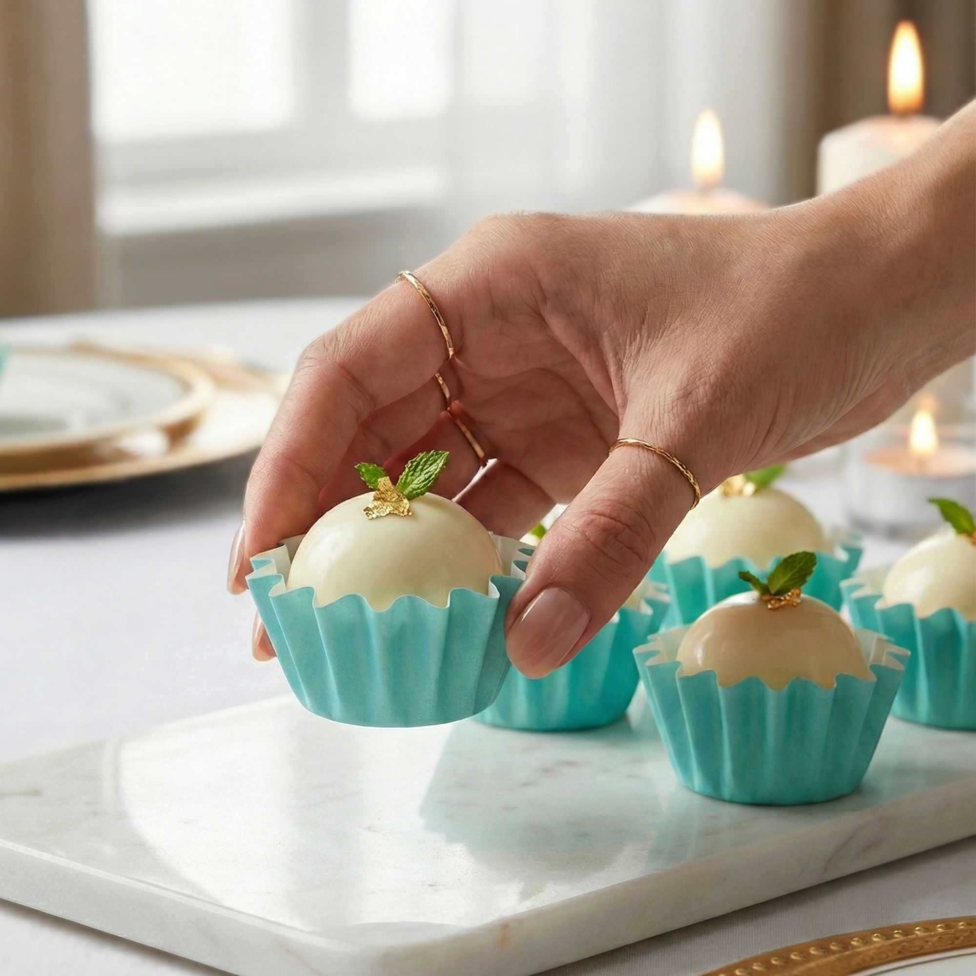 Panificio 0.4 oz Turquoise Floral Paper Mini Baking Cup - Flared - 2" x 2" x 1/2" - 200 count box