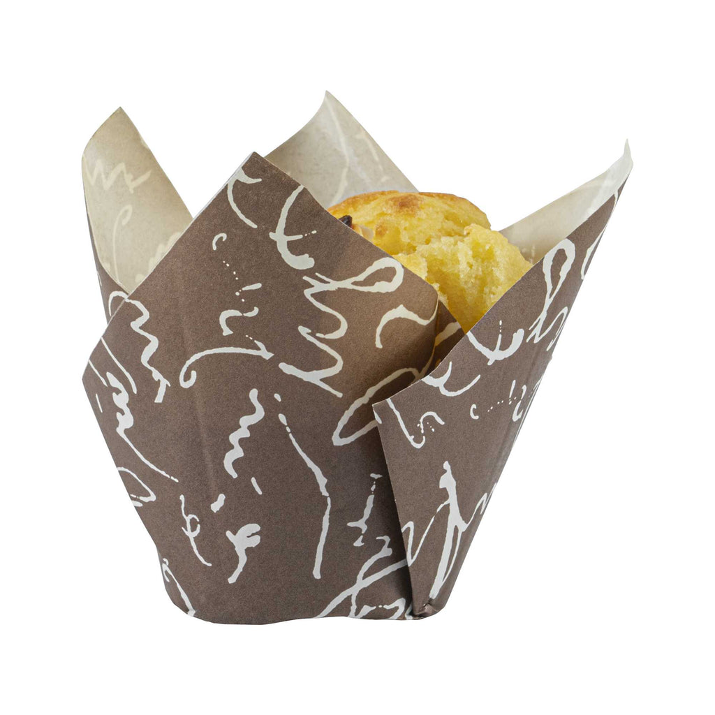 Panificio 2 oz Tulip Chocolate Wisp Paper Tall Baking Cup - 3 1/4" x 3 1/4" x 3" - 200 count box
