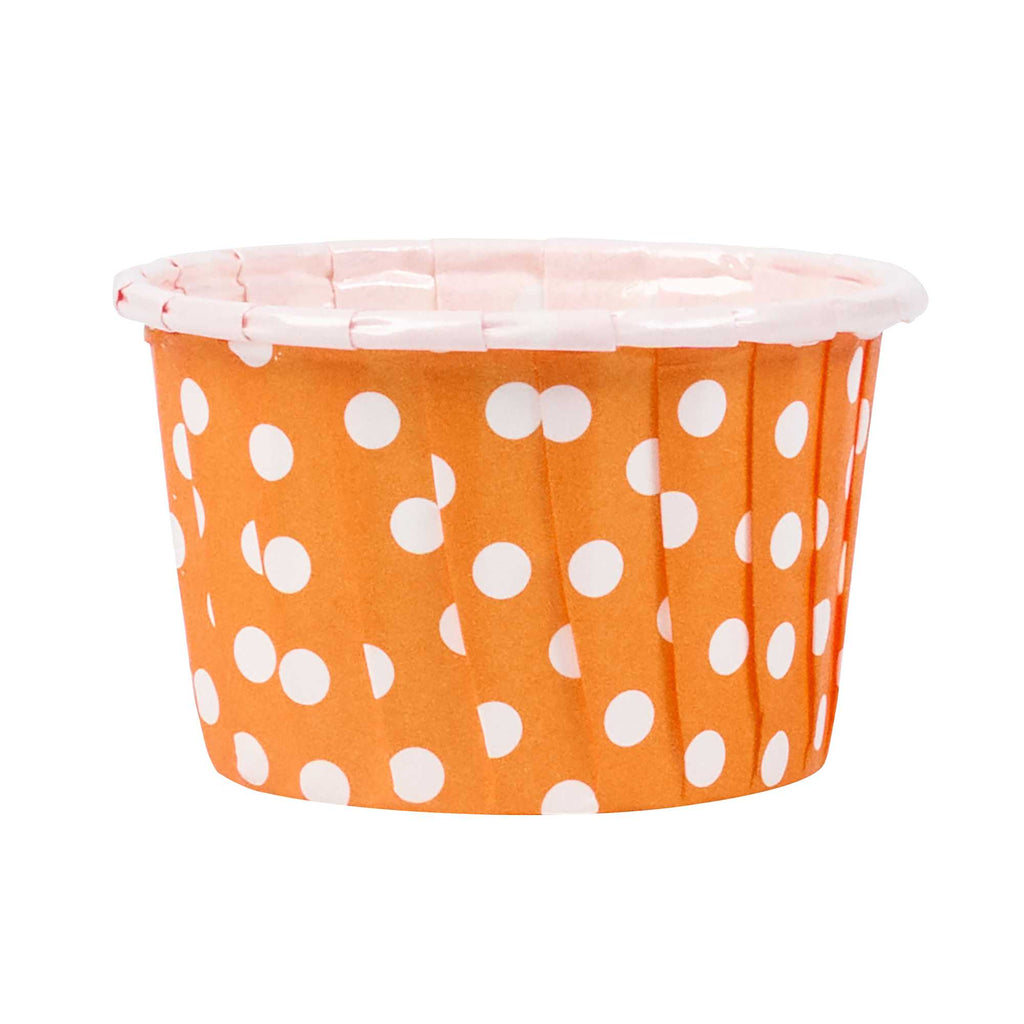 Panificio 2 oz Round Polka-Dotted Hot Orange Paper Medium Baking Cup - Pleated - 2 1/4" x 2 1/4" x 1 1/2" - 200 count box