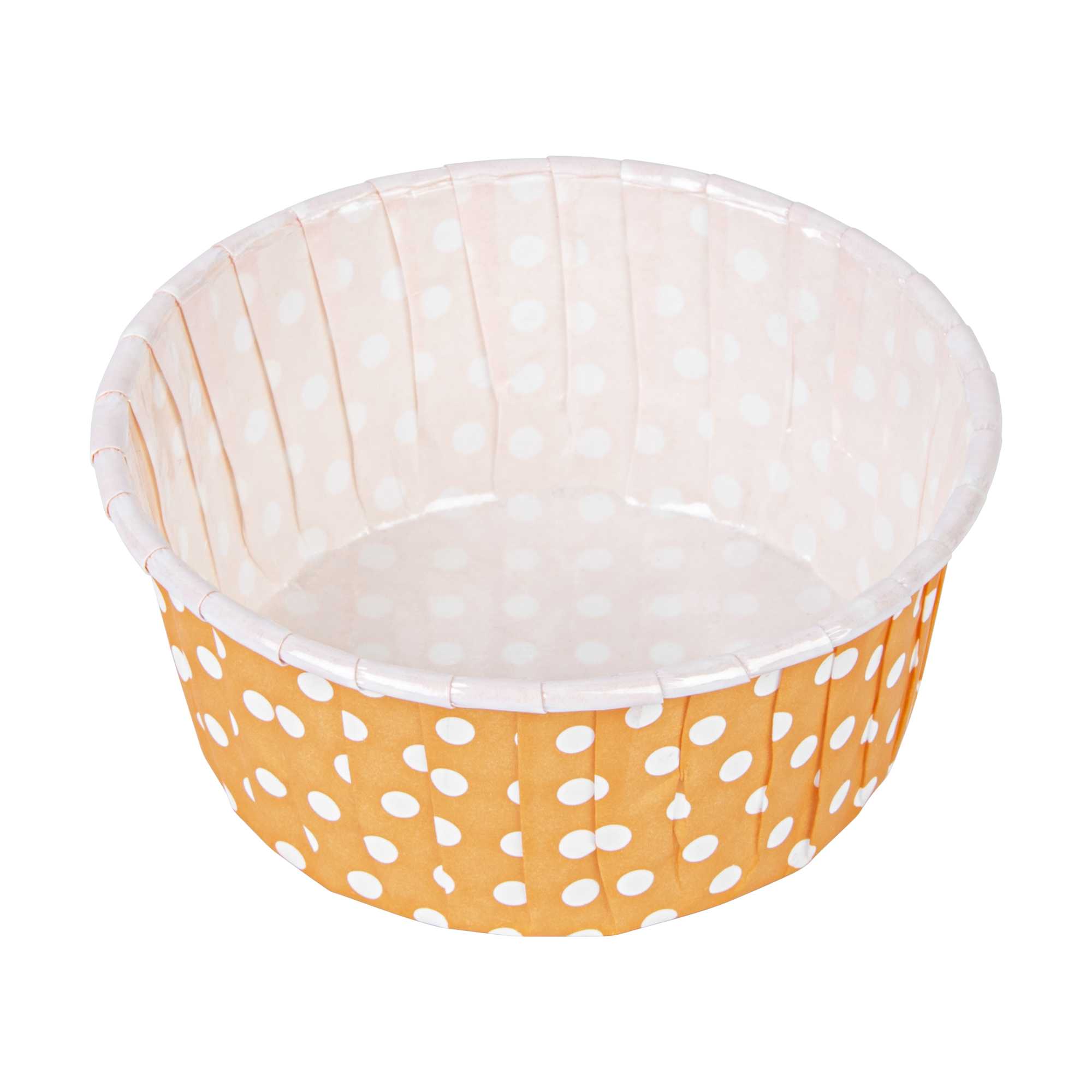 Panificio 5 oz Round Polka-Dotted Hot Orange Paper Large Baking Cup - Pleated - 3 3/4" x 3 3/4" x 1 1/2" - 200 count box