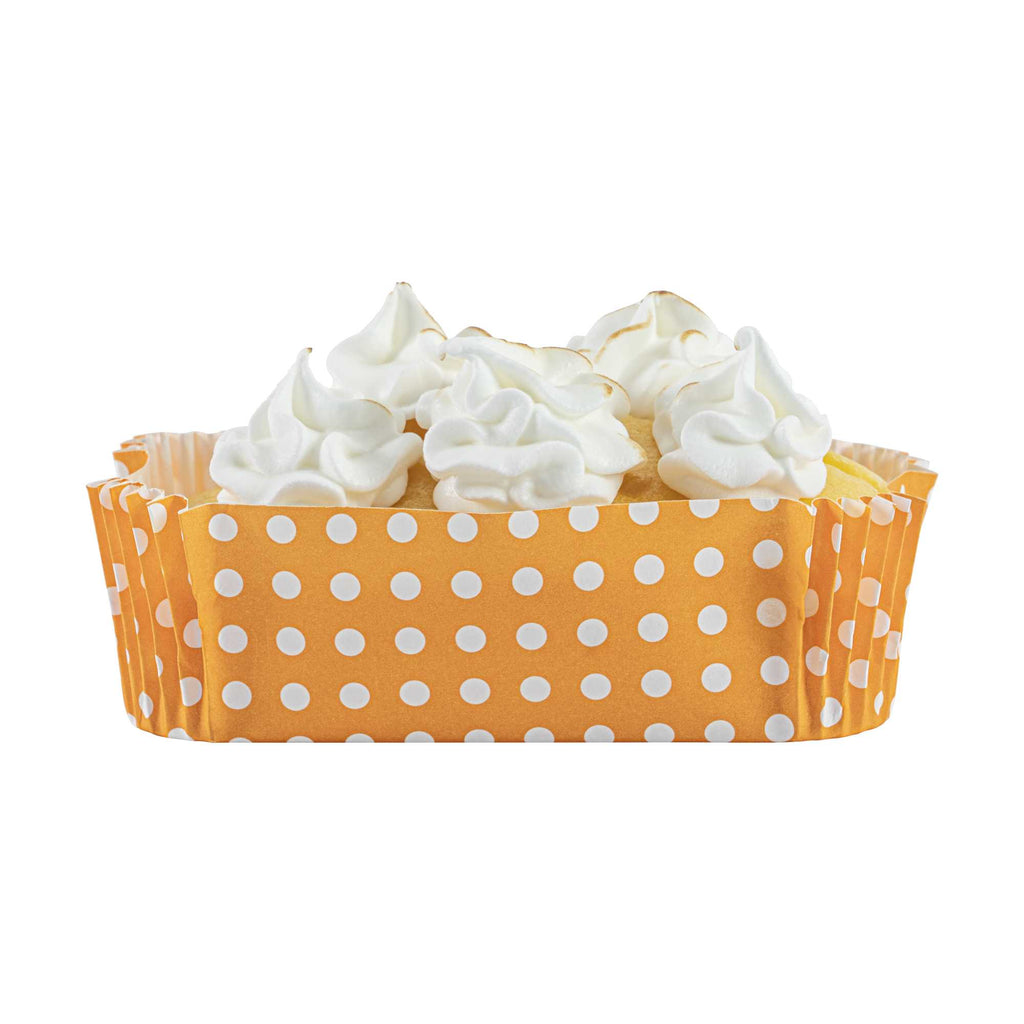 Panificio 5 oz Elliptical Polka-Dotted Hot Orange Paper Large Baking Cup - Ridged - 4 1/2" x 2 1/2" x 1 1/4" - 200 count box