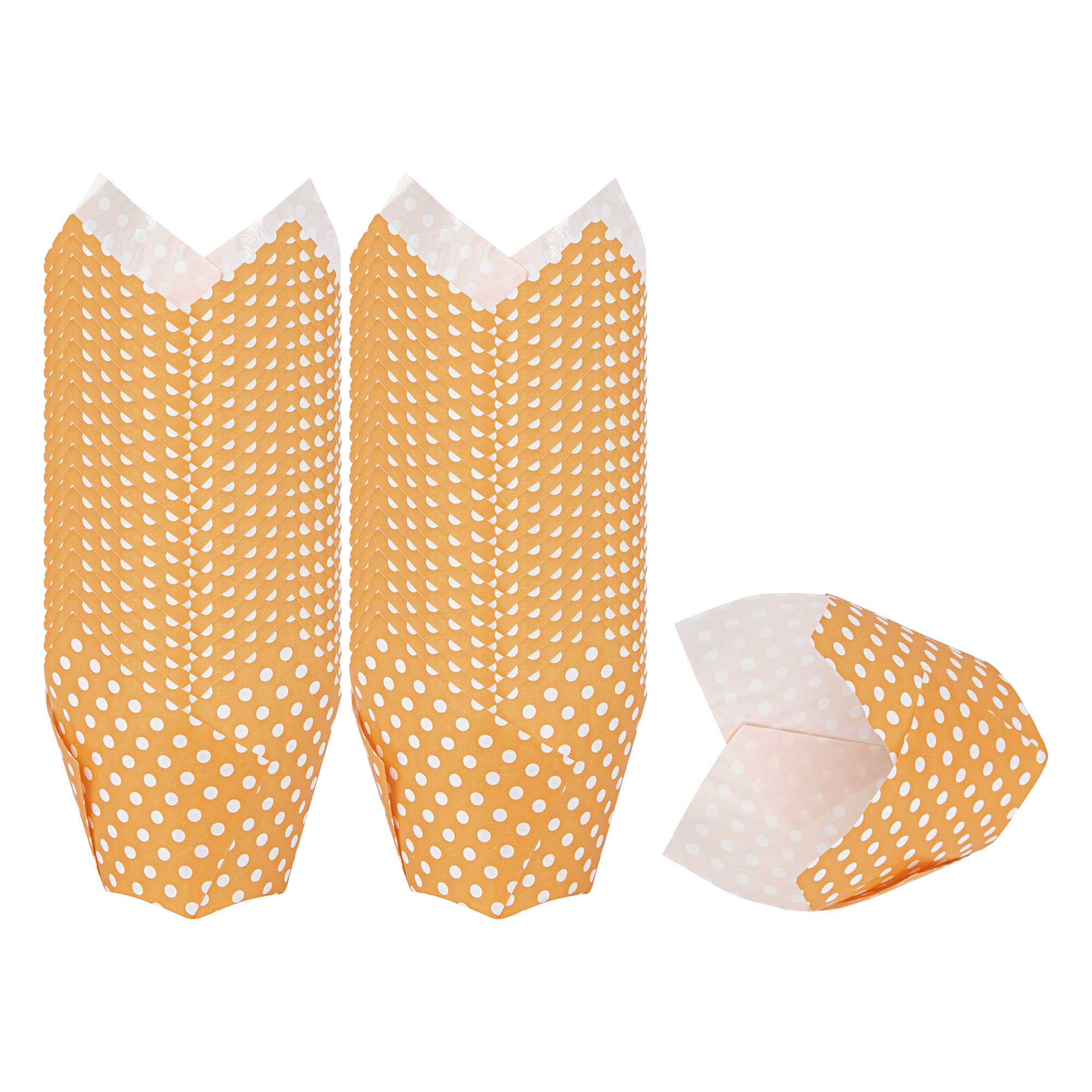 Panificio 2 oz Tulip Polka-Dotted Hot Orange Paper Tall Baking Cup - 3 1/4" x 3 1/4" x 3 1/2" - 200 count box