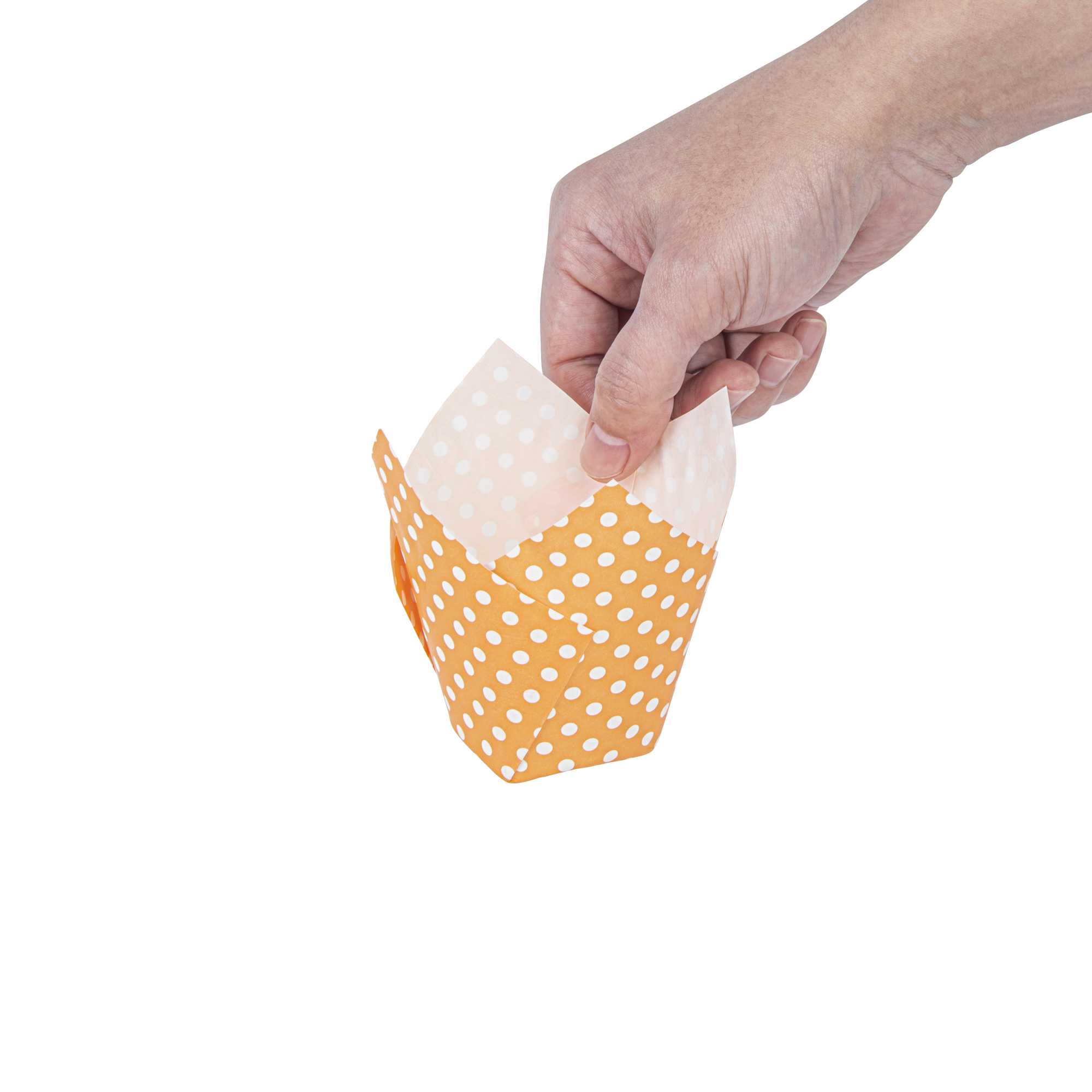 Panificio 2 oz Tulip Polka-Dotted Hot Orange Paper Tall Baking Cup - 3 1/4" x 3 1/4" x 3 1/2" - 200 count box