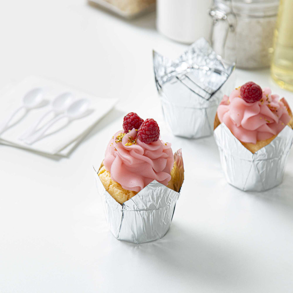 Panificio 4 oz Tulip Metallic Silver Paper Regular Baking Cup - 2 1/4" x 2 1/4" x 1 1/2" - 200 count box