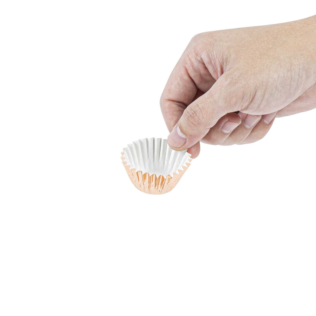 Panificio 0.4 oz Round Metallic Rose Gold Paper Baking Cup - Foil-Coated - 1 1/4" x 1 1/4" x 3/4" - 200 count box
