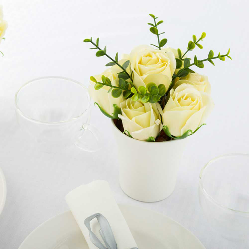 Sapone del Fiore Yellow Plastic Roses in Porcelain Pot - 7 Blooms - 4" x 4" x 6" - 1 count box