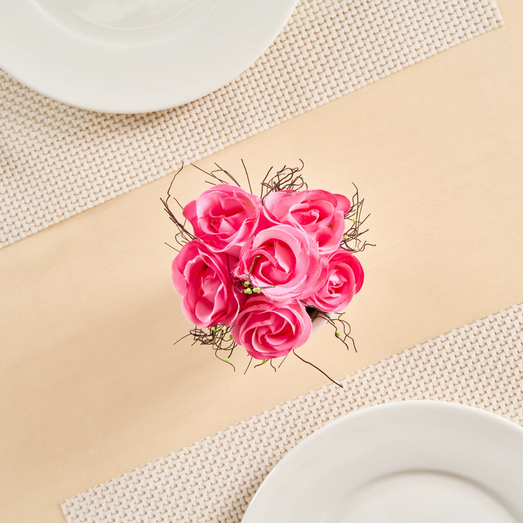 Fiore Pink Plastic Roses in Plastic Pot - 6 Blooms - 4" x 4" x 6" - 12 count box