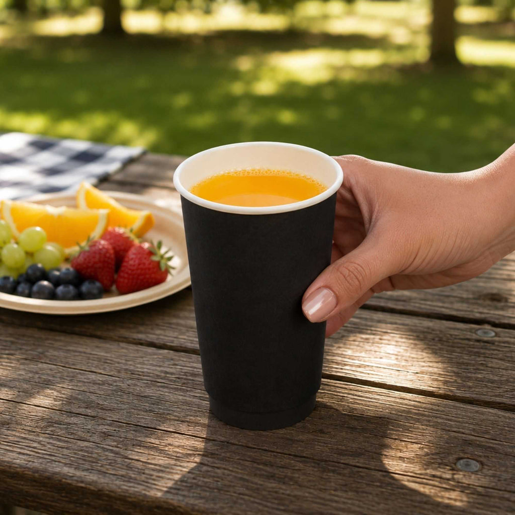 Restpresso 16 oz Black Paper Coffee Cup - Double Wall - 3 1/2" x 3 1/2" x 5 1/2" - 500 count box