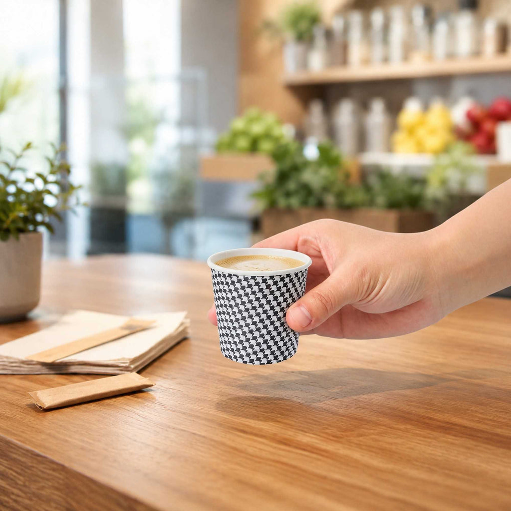 Restpresso 4 oz Houndstooth Paper Coffee Cup - Spiral Wall - 2 1/2" x 2 1/2" x 2 1/4" - 500 count box
