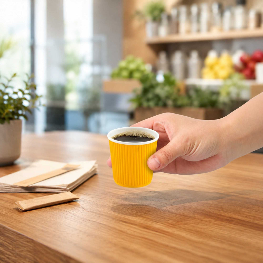Restpresso 4 oz Yellow Paper Coffee Cup - Ripple Wall - 2 1/2" x 2 1/2" x 2 1/4" - 25 count box
