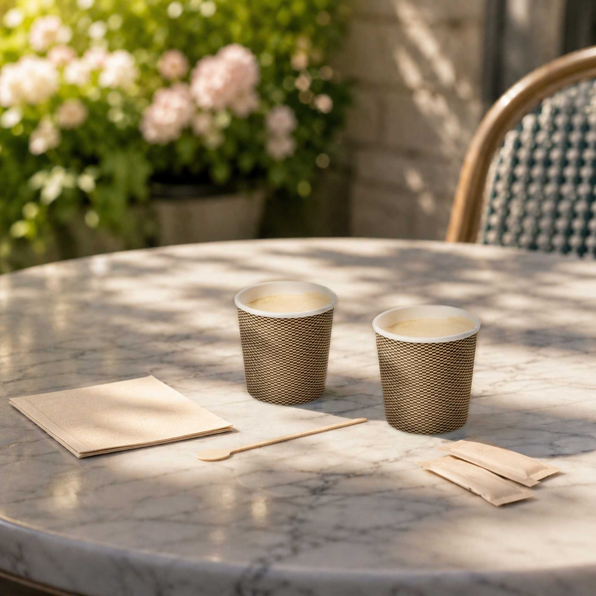 Restpresso 4 oz Mocha Pin Check Paper Coffee Cup - Spiral Wall - 2 1/2" x 2 1/2" x 2 1/4" - 500 count box