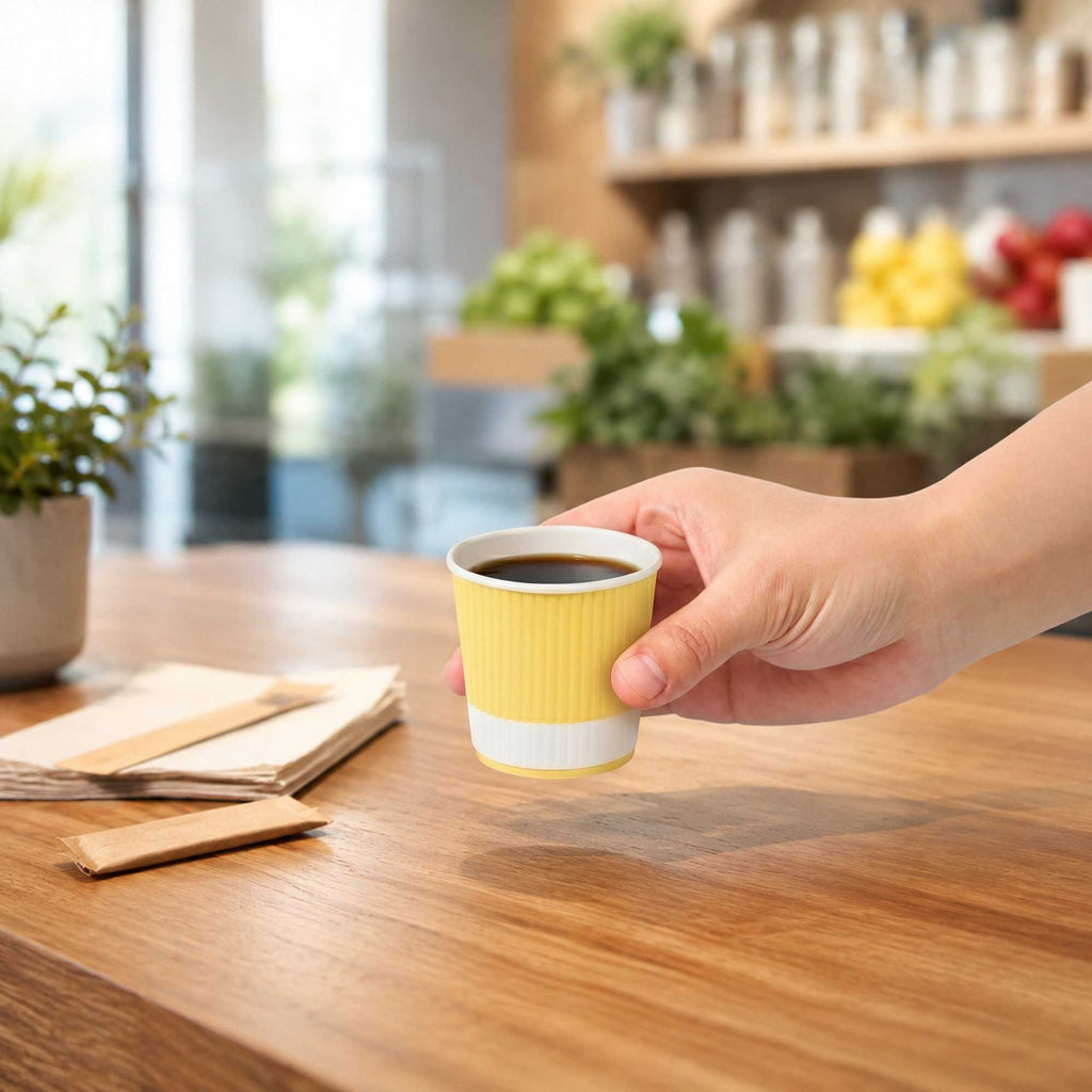 Restpresso 4 oz Light Yellow Paper Coffee Cup - Ripple Wall - 2 1/2" x 2 1/2" x 2 1/4" - 25 count box
