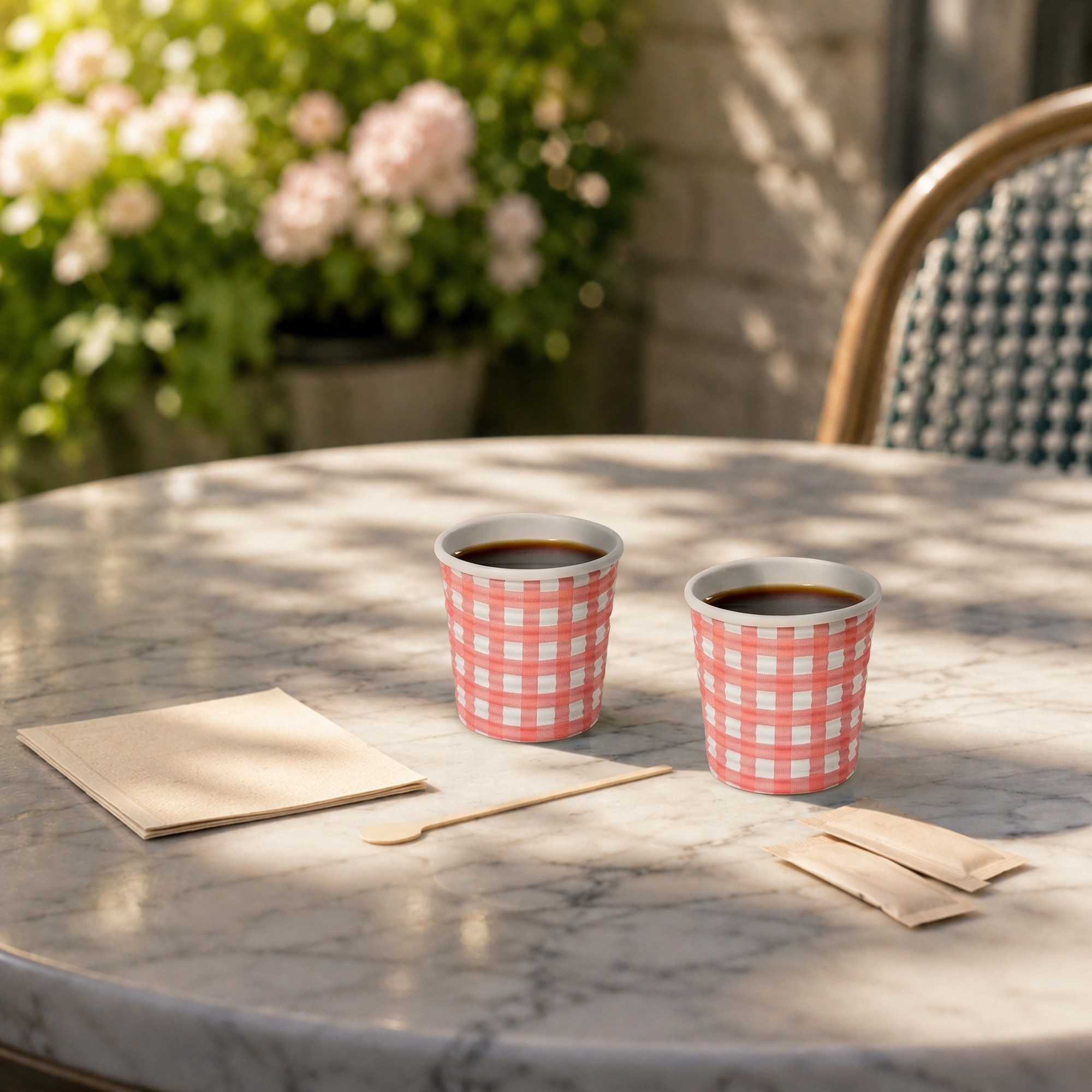 Restpresso 4 oz Picnic Print Paper Coffee Cup - Spiral Wall - 2 1/2" x 2 1/2" x 2 1/4" - 25 count box