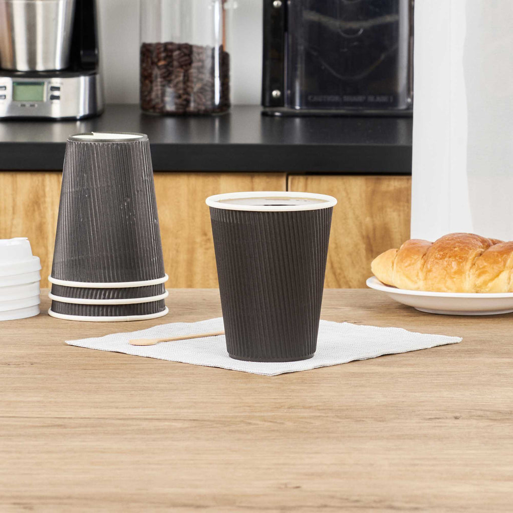 Restpresso 12 oz Black Paper Coffee Cup - Ripple Wall - 3 1/2" x 3 1/2" x 4 1/4" - 25 count box