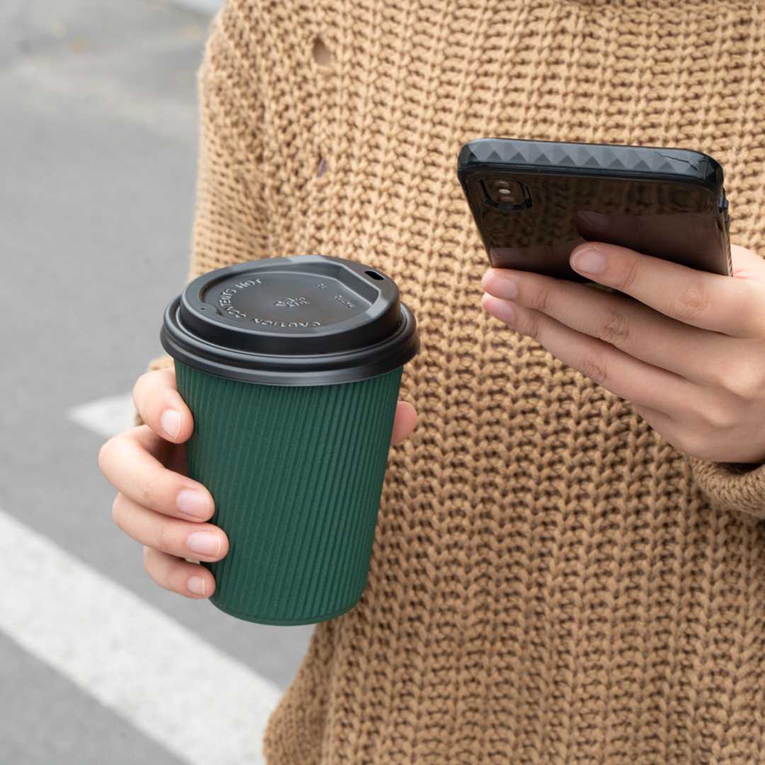 Restpresso 12 oz Forest Green Paper Coffee Cup - Ripple Wall - 3 1/2" x 3 1/2" x 4 1/4" - 500 count box