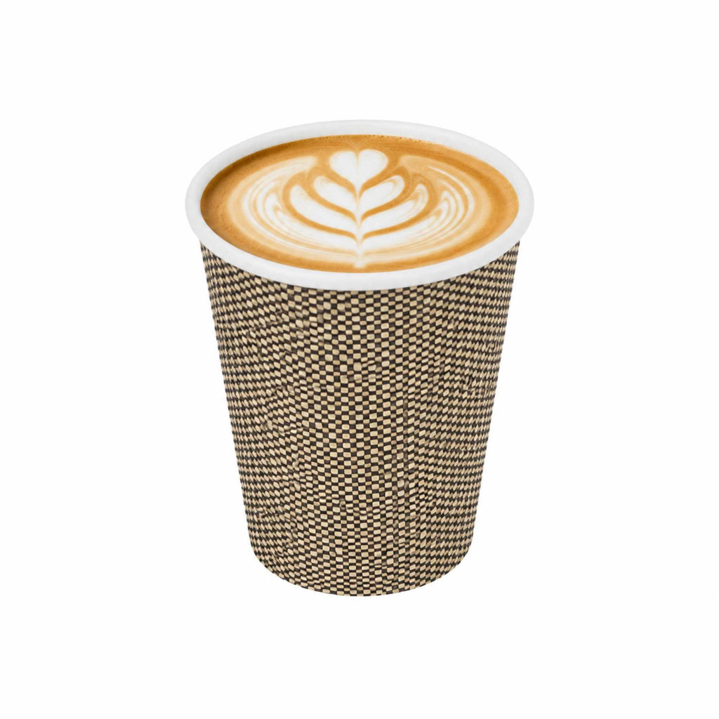 Restpresso 12 oz Mocha Pin Check Paper Coffee Cup - Spiral Wall - 3 1/2" x 3 1/2" x 4 1/4" - 500 count box