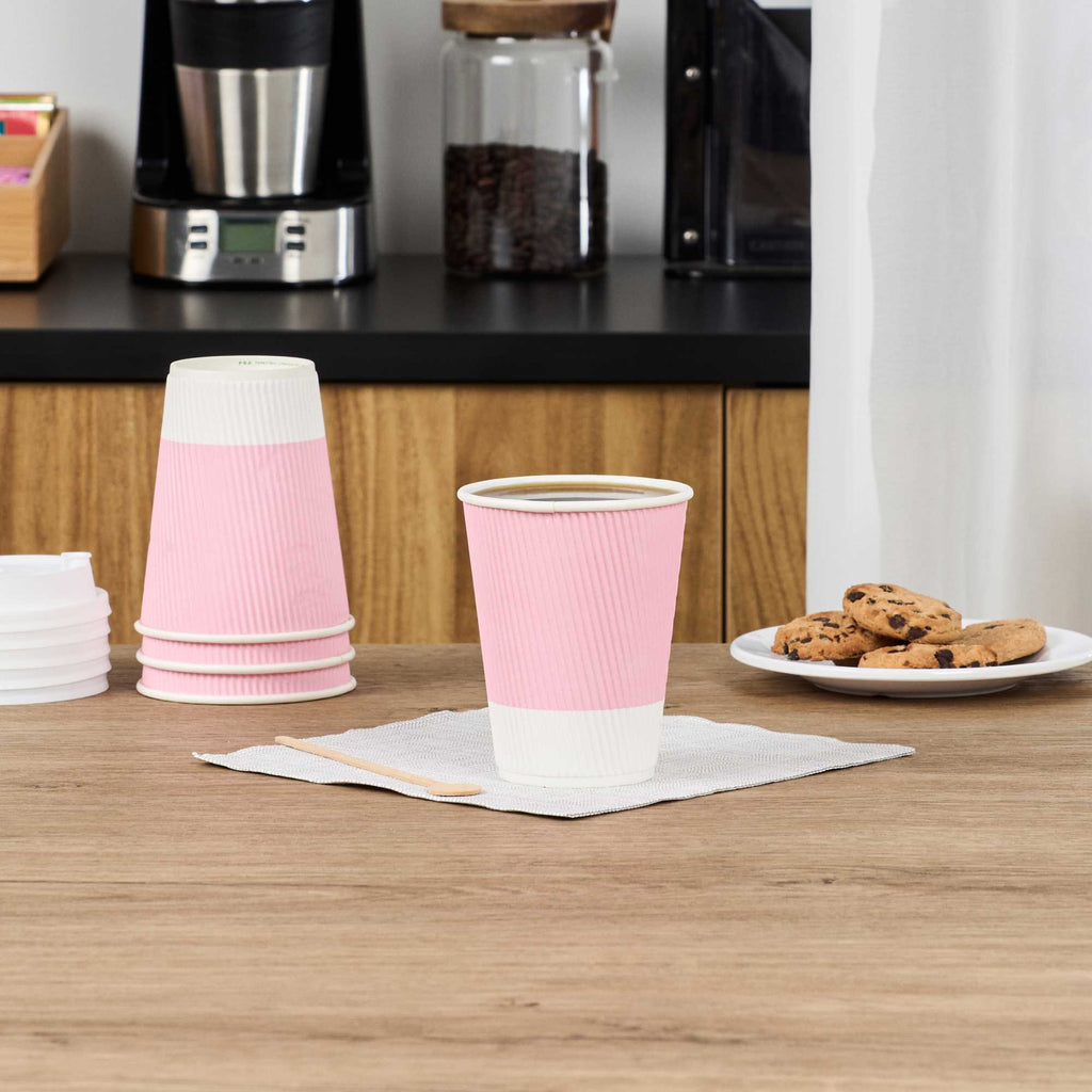 Restpresso 12 oz Light Pink Paper Coffee Cup - Ripple Wall - 3 1/2" x 3 1/2" x 4 1/4" - 25 count box