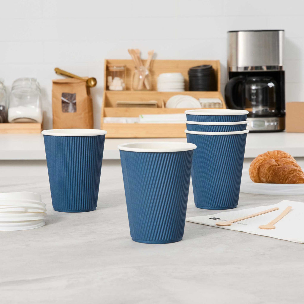 Restpresso 12 oz Midnight Blue Paper Coffee Cup - Ripple Wall - 3 1/2" x 3 1/2" x 4 1/4" - 500 count box