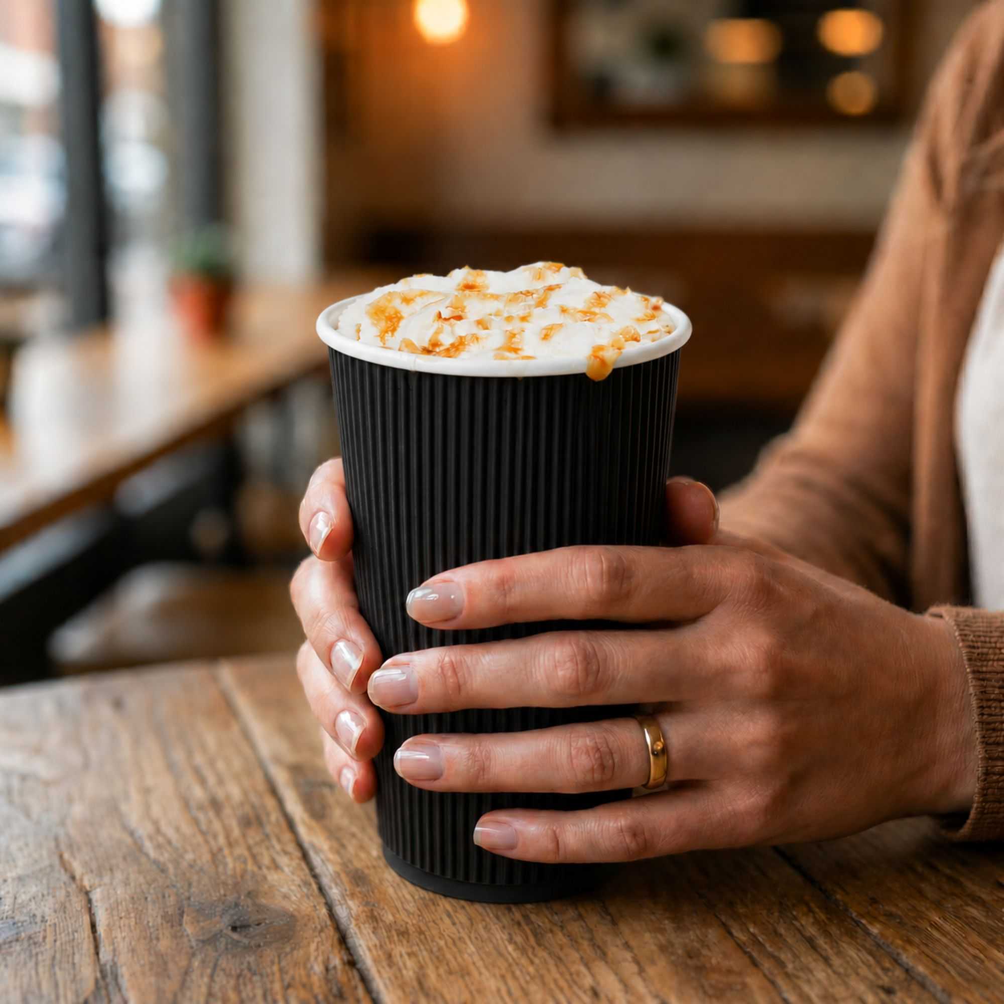 Restpresso 16 oz Black Paper Coffee Cup - Ripple Wall - 3 1/2" x 3 1/2" x 5 1/2" - 500 count box