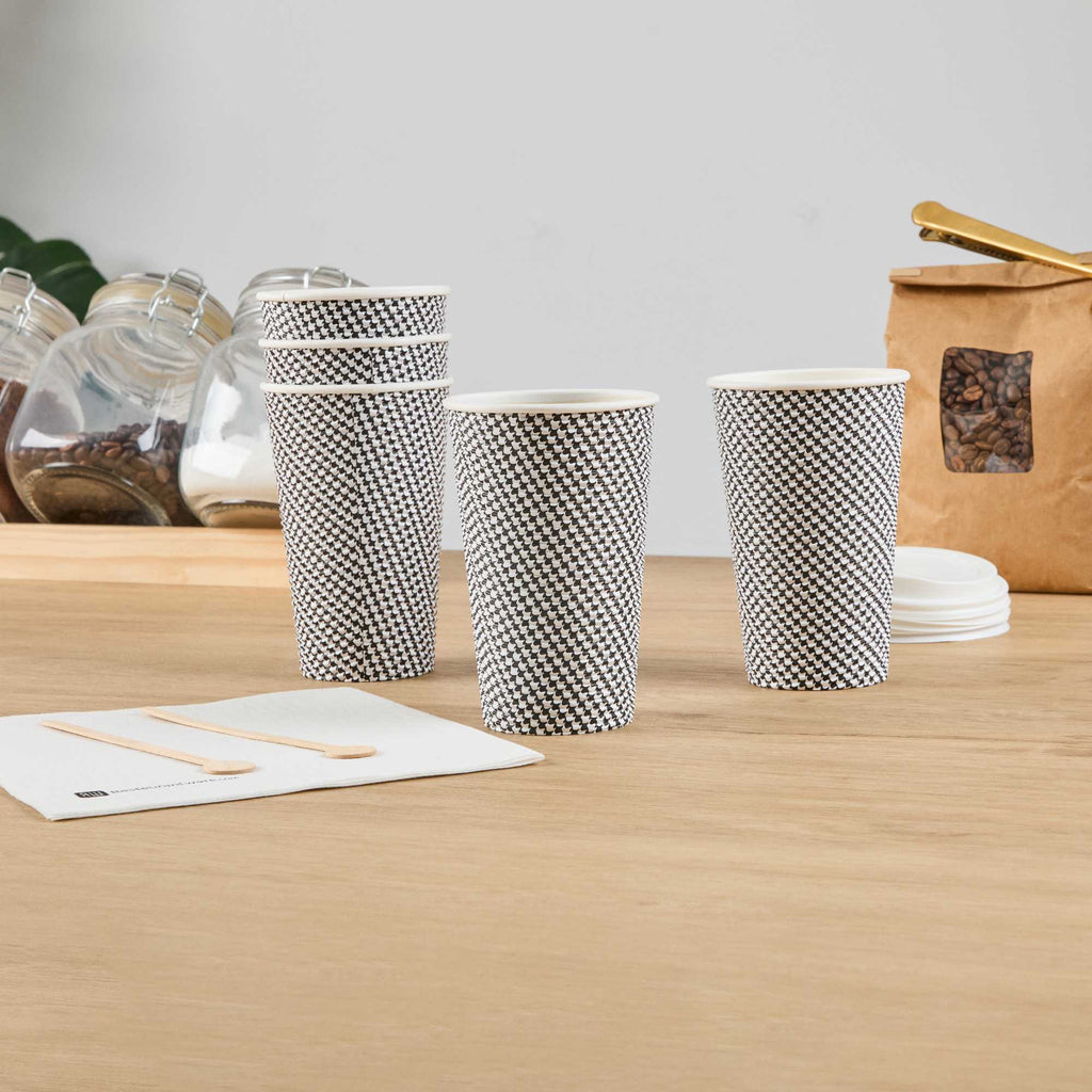 Restpresso 16 oz Houndstooth Paper Coffee Cup - Spiral Wall - 3 1/2" x 3 1/2" x 5 1/2" - 25 count box