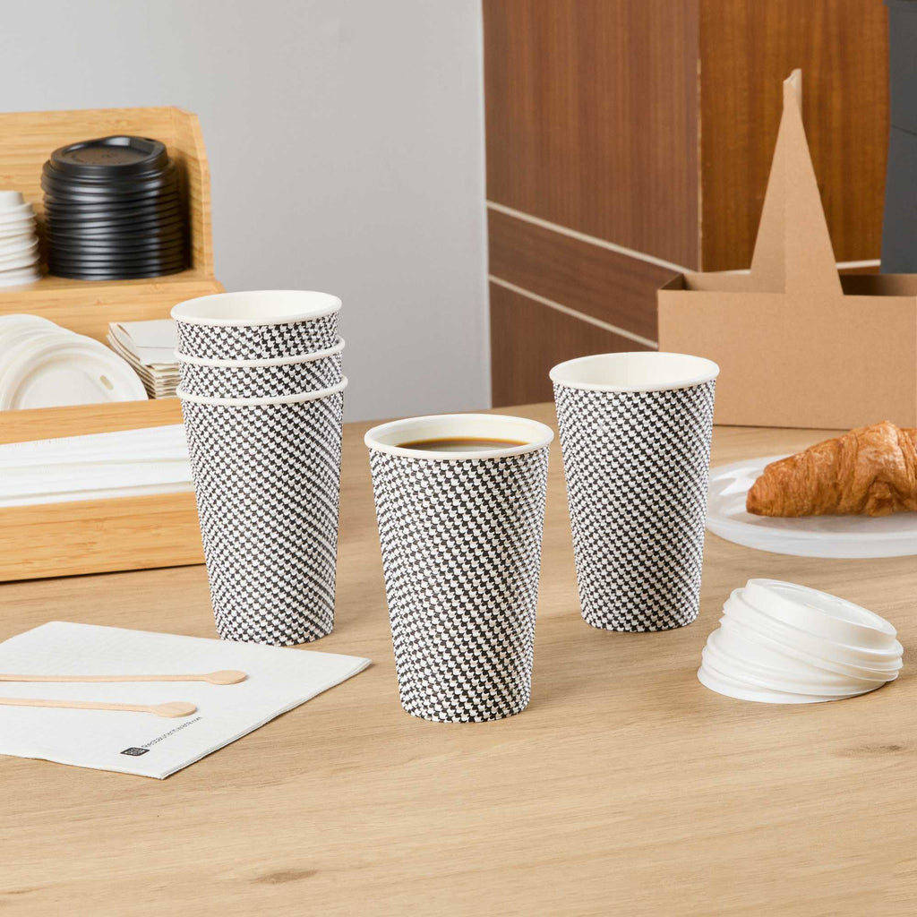 Restpresso 16 oz Houndstooth Paper Coffee Cup - Spiral Wall - 3 1/2" x 3 1/2" x 5 1/2" - 500 count box