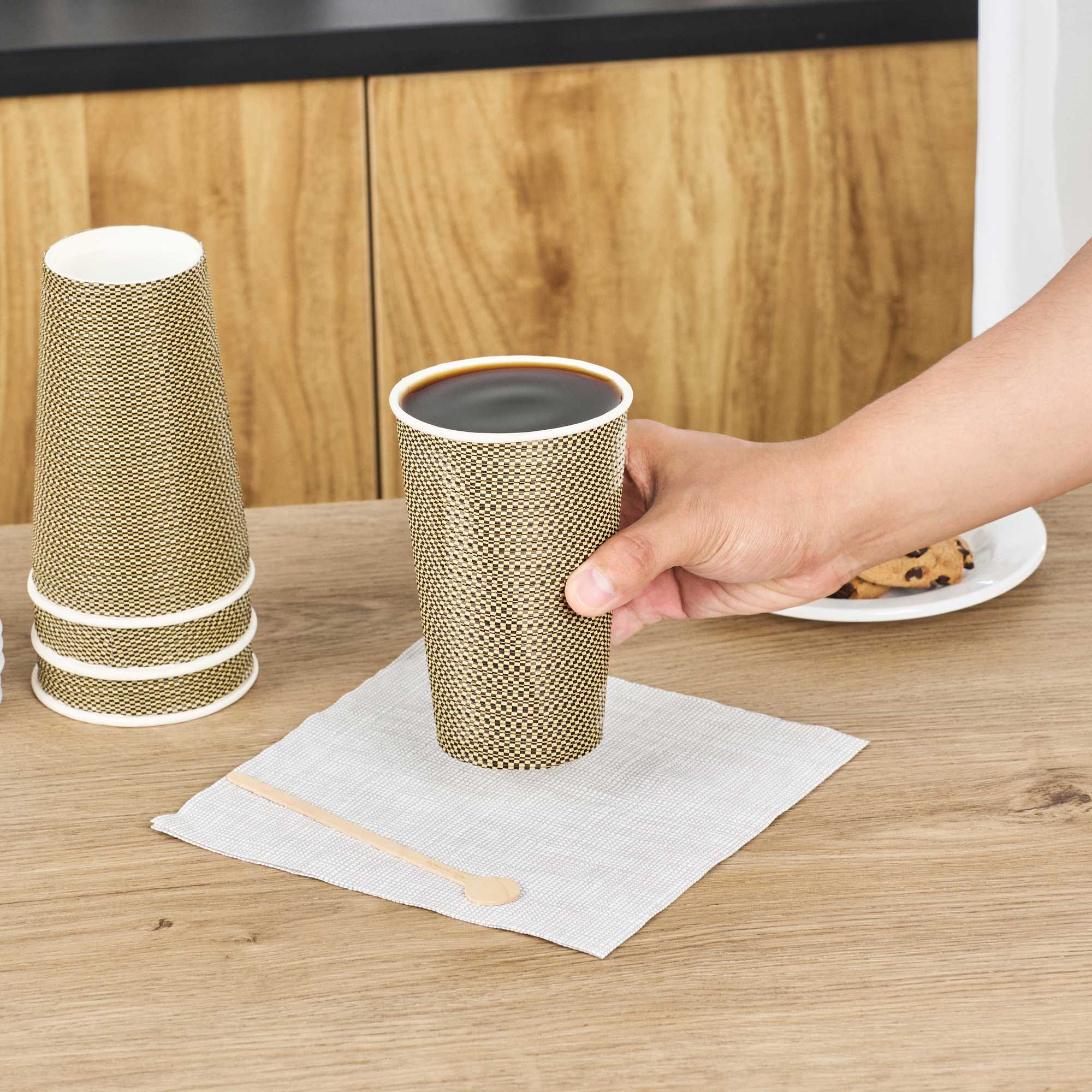 Restpresso 16 oz Mocha Pin Check Paper Coffee Cup - Spiral Wall - 3 1/2" x 3 1/2" x 5 1/2" - 500 count box