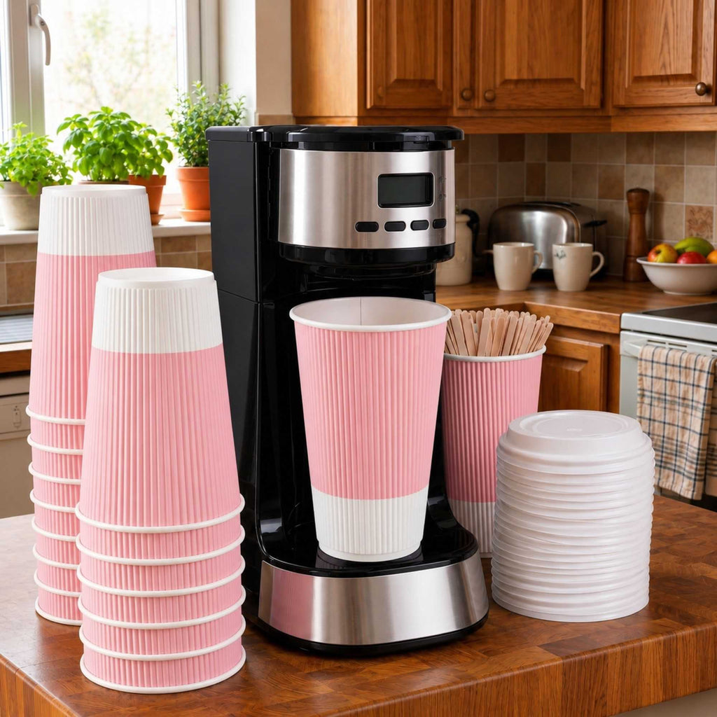 Restpresso 16 oz Light Pink Paper Coffee Cup - Ripple Wall - 3 1/2" x 3 1/2" x 5 1/2" - 500 count box