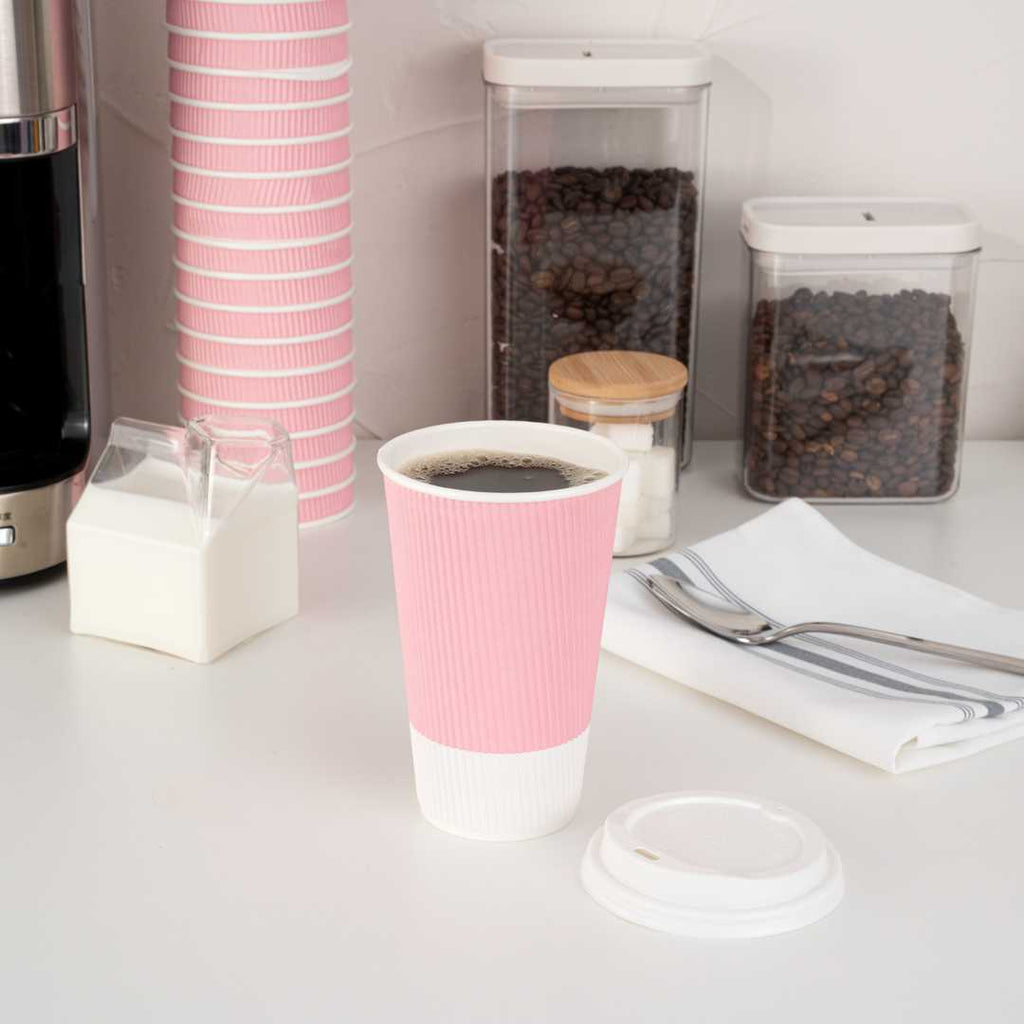 Restpresso 16 oz Light Pink Paper Coffee Cup - Ripple Wall - 3 1/2" x 3 1/2" x 5 1/2" - 500 count box