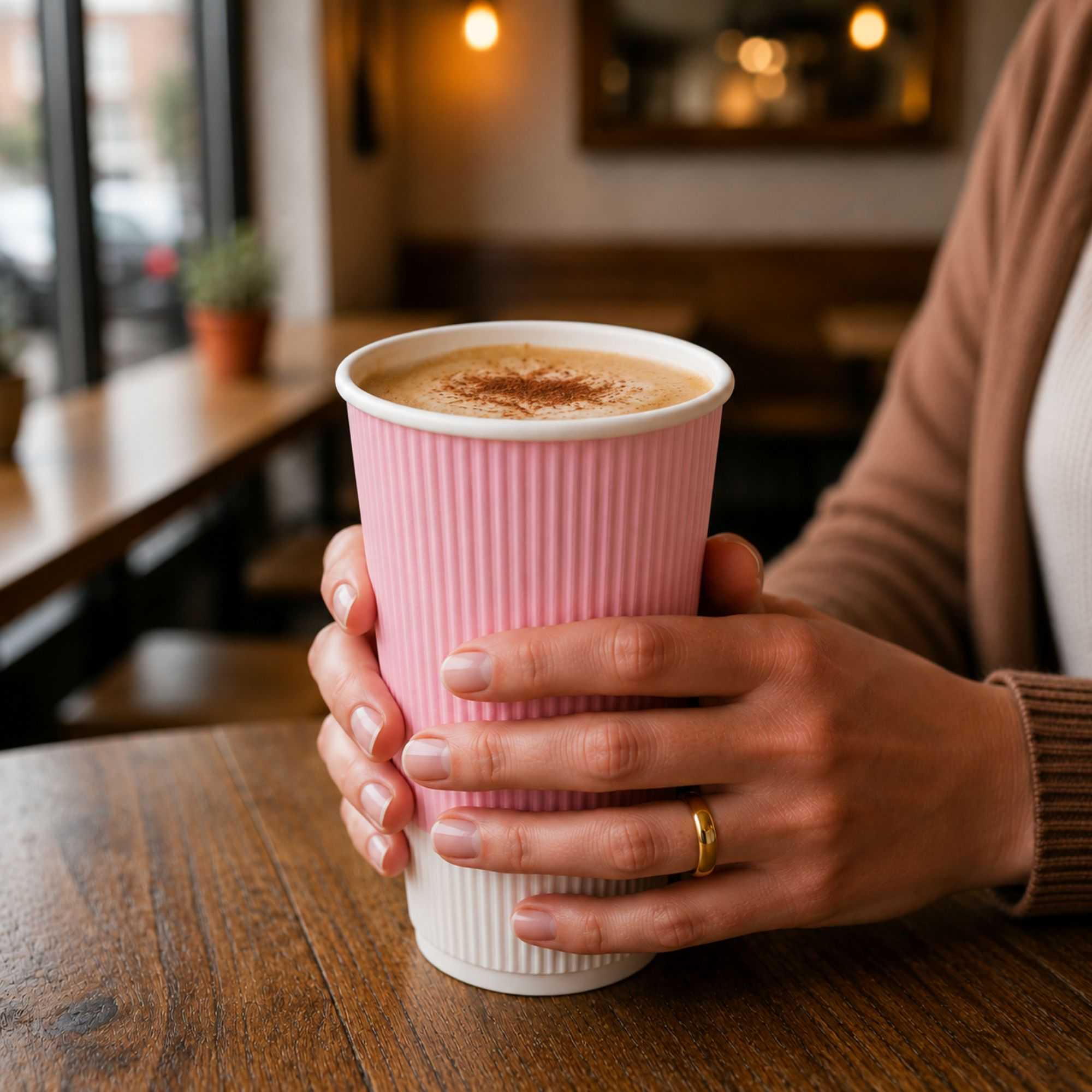 Restpresso 16 oz Light Pink Paper Coffee Cup - Ripple Wall - 3 1/2" x 3 1/2" x 5 1/2" - 500 count box