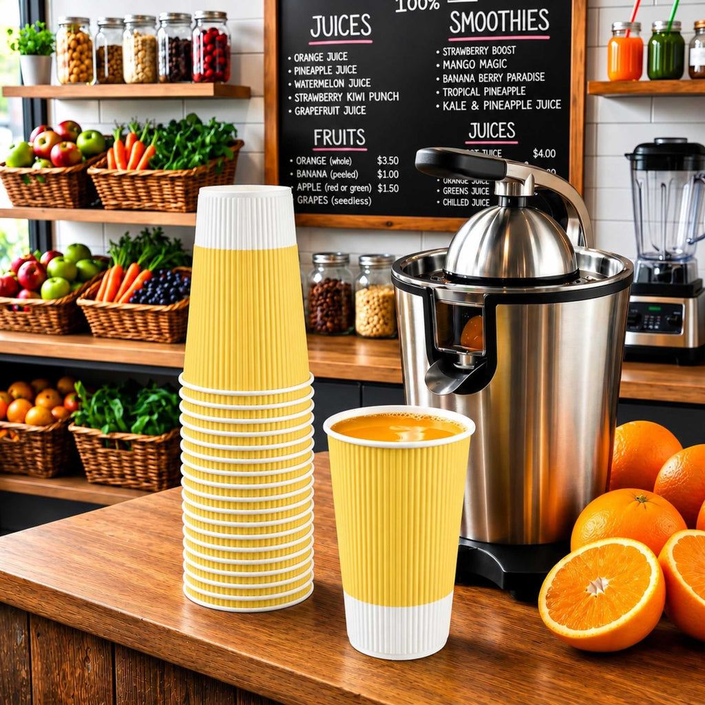 Restpresso 16 oz Light Yellow Paper Coffee Cup - Ripple Wall - 3 1/2" x 3 1/2" x 5 1/2" - 25 count box