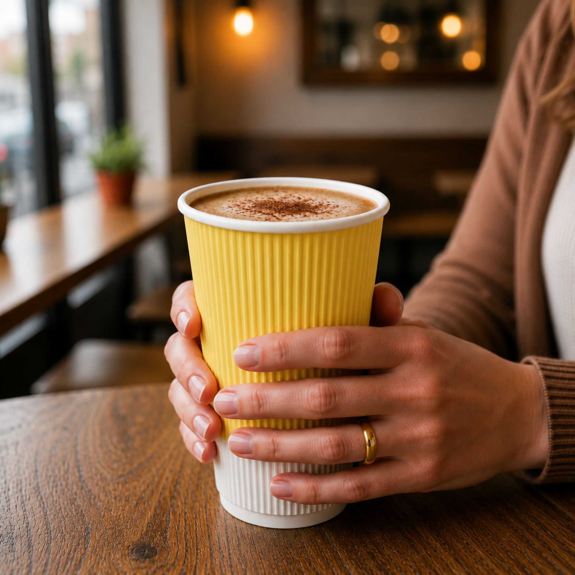 Restpresso 16 oz Light Yellow Paper Coffee Cup - Ripple Wall - 3 1/2" x 3 1/2" x 5 1/2" - 25 count box