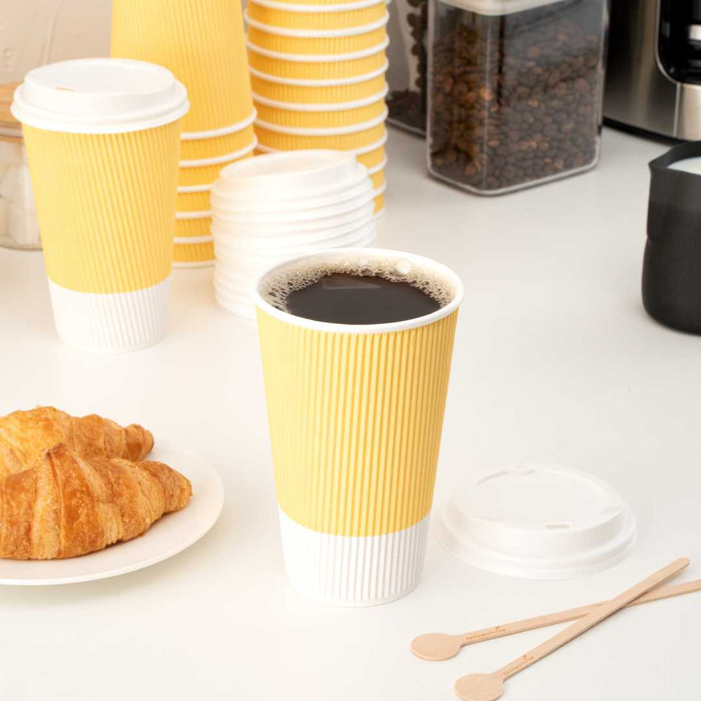 Restpresso 16 oz Light Yellow Paper Coffee Cup - Ripple Wall - 3 1/2" x 3 1/2" x 5 1/2" - 25 count box