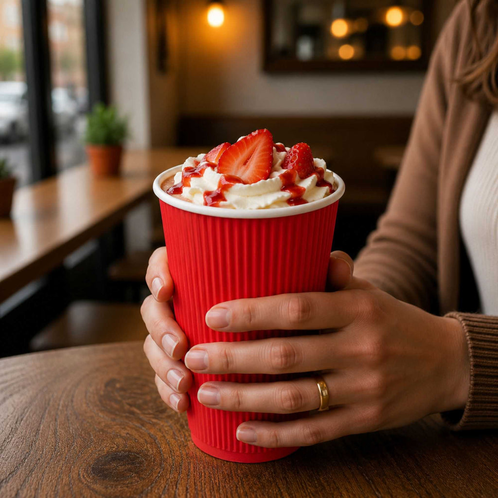 Restpresso 16 oz Red Paper Coffee Cup - Ripple Wall - 3 1/2" x 3 1/2" x 5 1/2" - 25 count box
