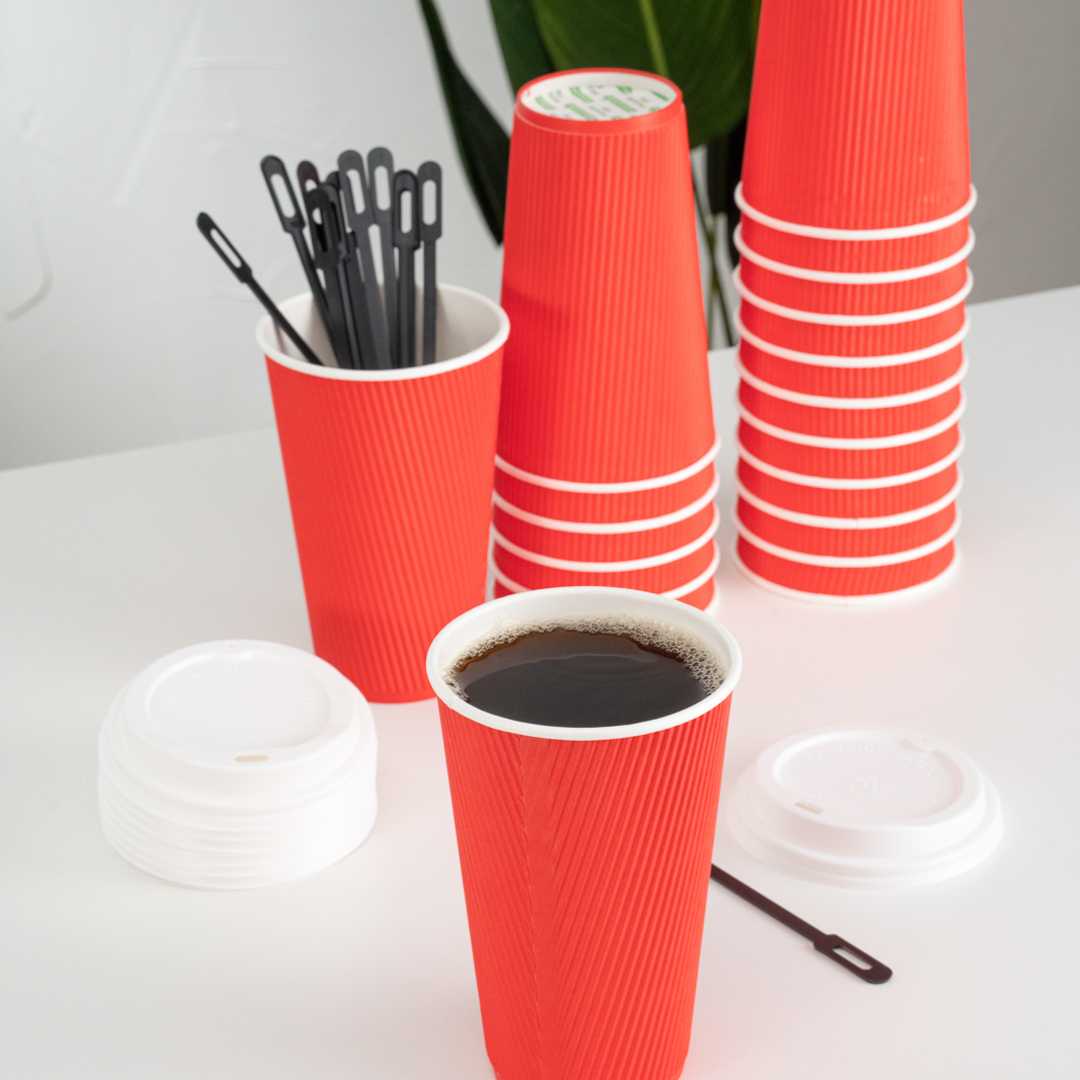 Restpresso 16 oz Red Paper Coffee Cup - Ripple Wall - 3 1/2" x 3 1/2" x 5 1/2" - 25 count box