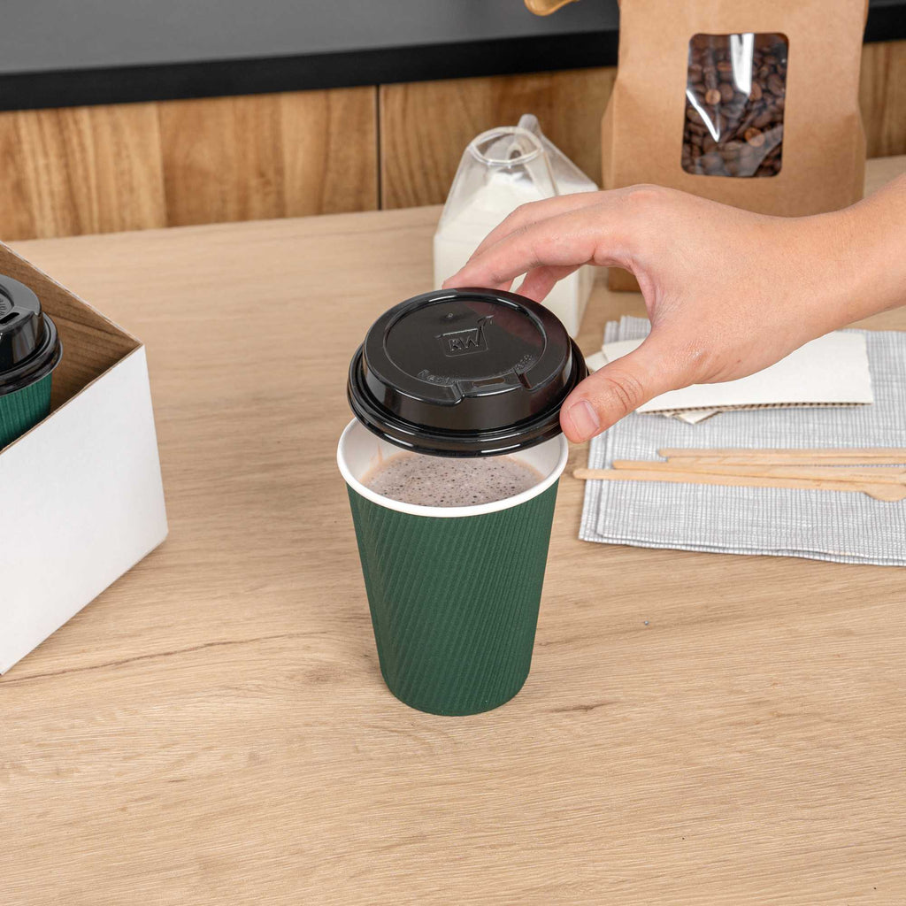Restpresso Black Plastic Coffee Cup Lid - Elevated Spout, Fits 8, 12, 16 and 20 oz - 25 count box