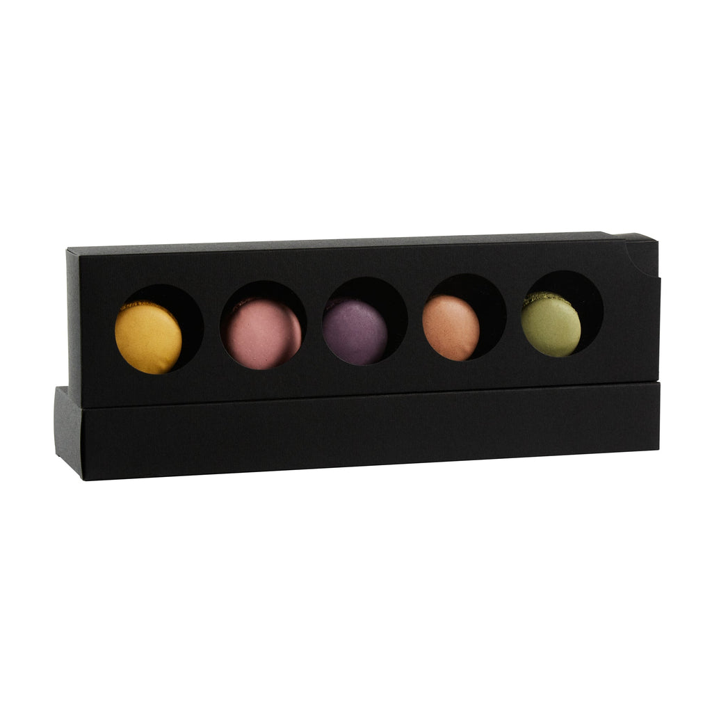 Valentino Rectangle Black Paper Macaron Box - Holds 5 Macarons - 12" x 3" x 1 1/2" - 100 count box